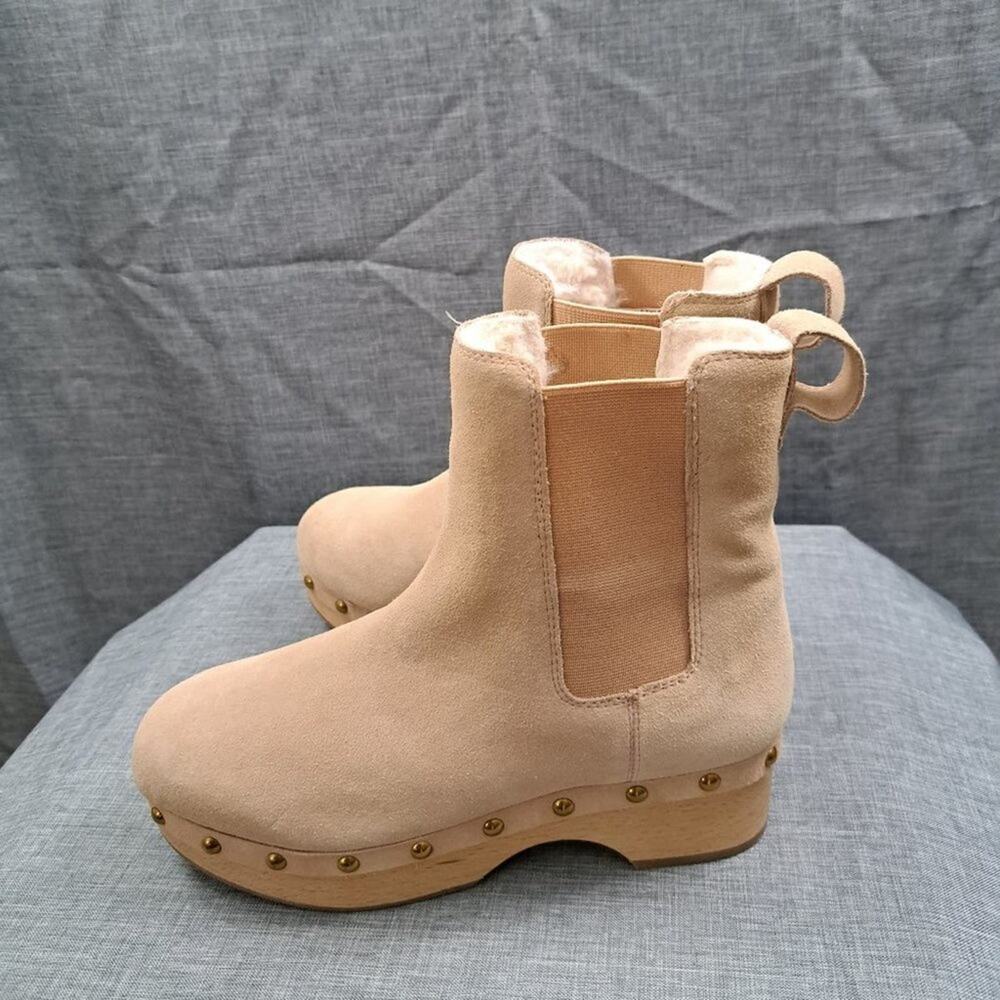 % J.Crew Chelsea Bronzed Clay Faux Fur Lined Suede Clog Boot Women 7 NEW / D12